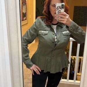 INC Linen Olive Green Women's Jacket - Peplum Waist - Large EUC Safari Style